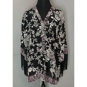 JOHNNY‎ WAS Edina Fringe Blouse  Xs Long Sleeves W/Fringe Flowy Boho Gypsy